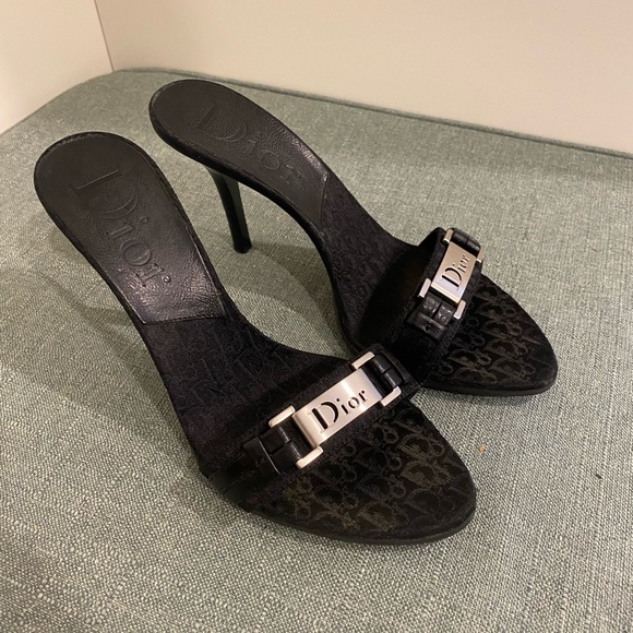 Dior Shoes - Dior Black Logo Slide Heeled Sandals with Silver Plaque